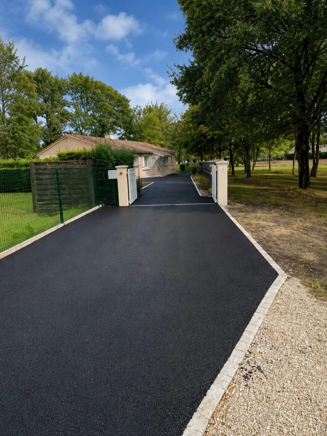 Allée en enrobé noir bordée de pavés et d’arbres devant une maison