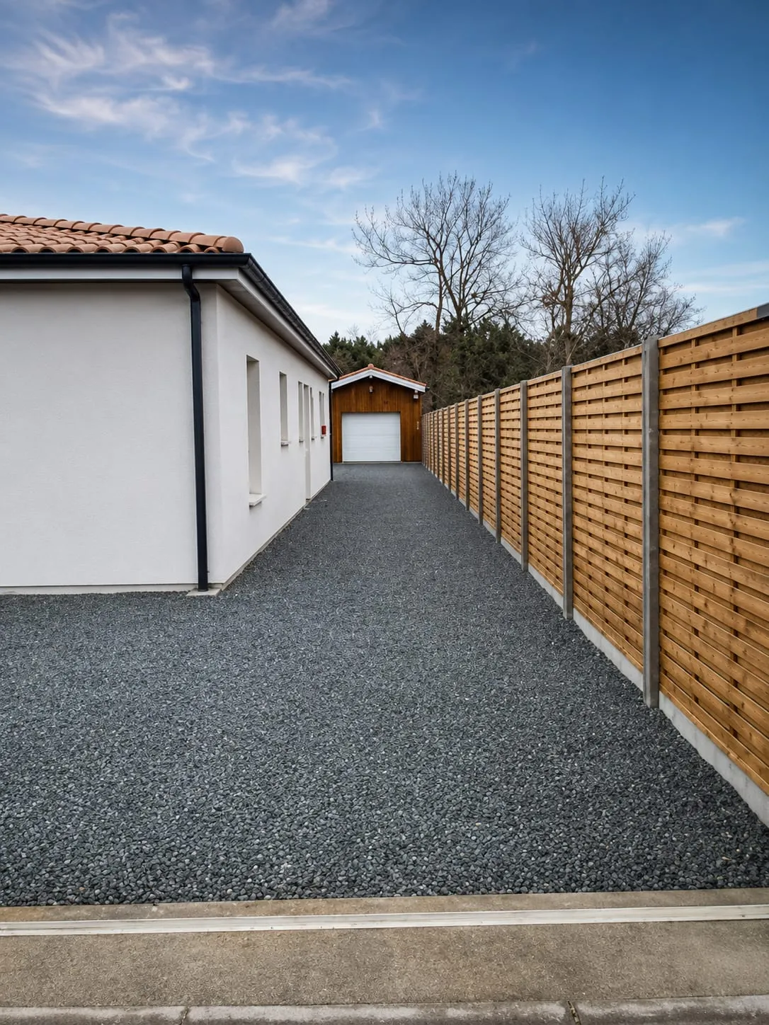 Longue clôture en panneaux de bois le long d’une allée en gravier entre une maison et un garage