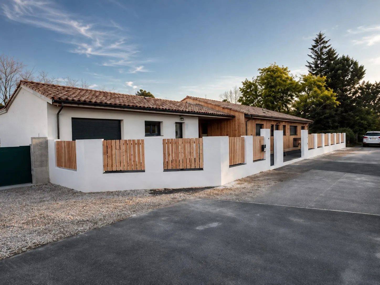 Clôture en bois entre piliers blancs avec portillon et portail noirs devant une maison