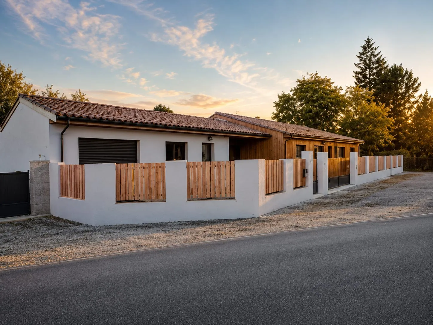 Clôture en lames de bois posées entre des piliers blancs devant une maison
