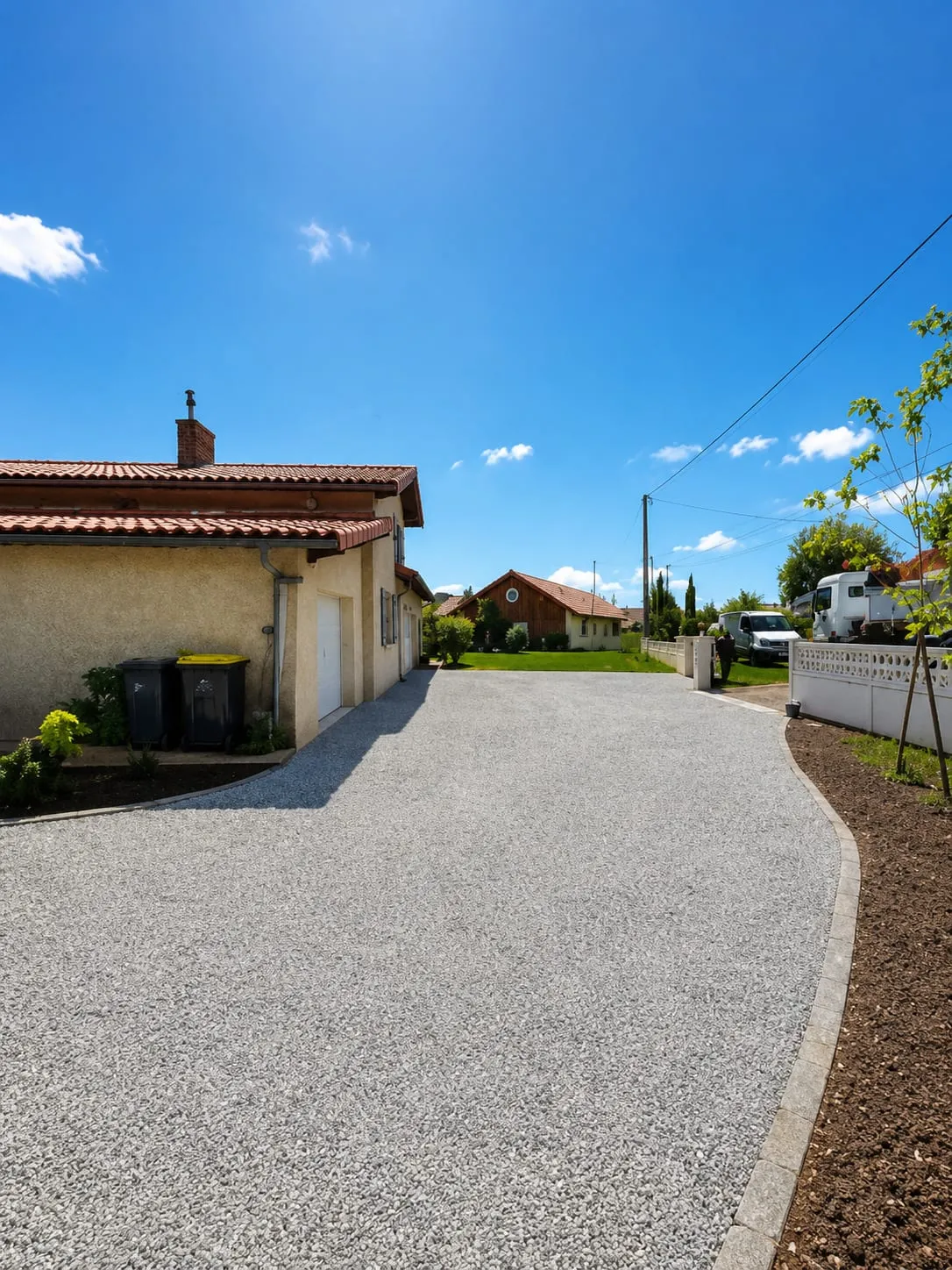 Grande cour claire en gravier délimitée par des bordures devant plusieurs habitations