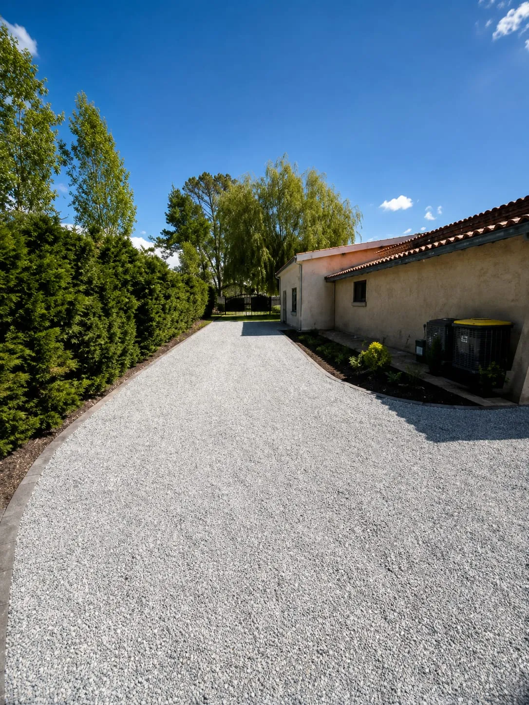 Cour en enrobé noir devant une maison blanche