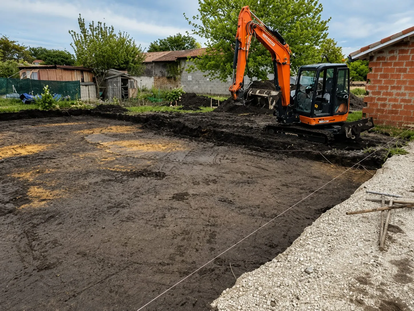 Mini-excavatrice préparant le terrain entre une maison et une clôture